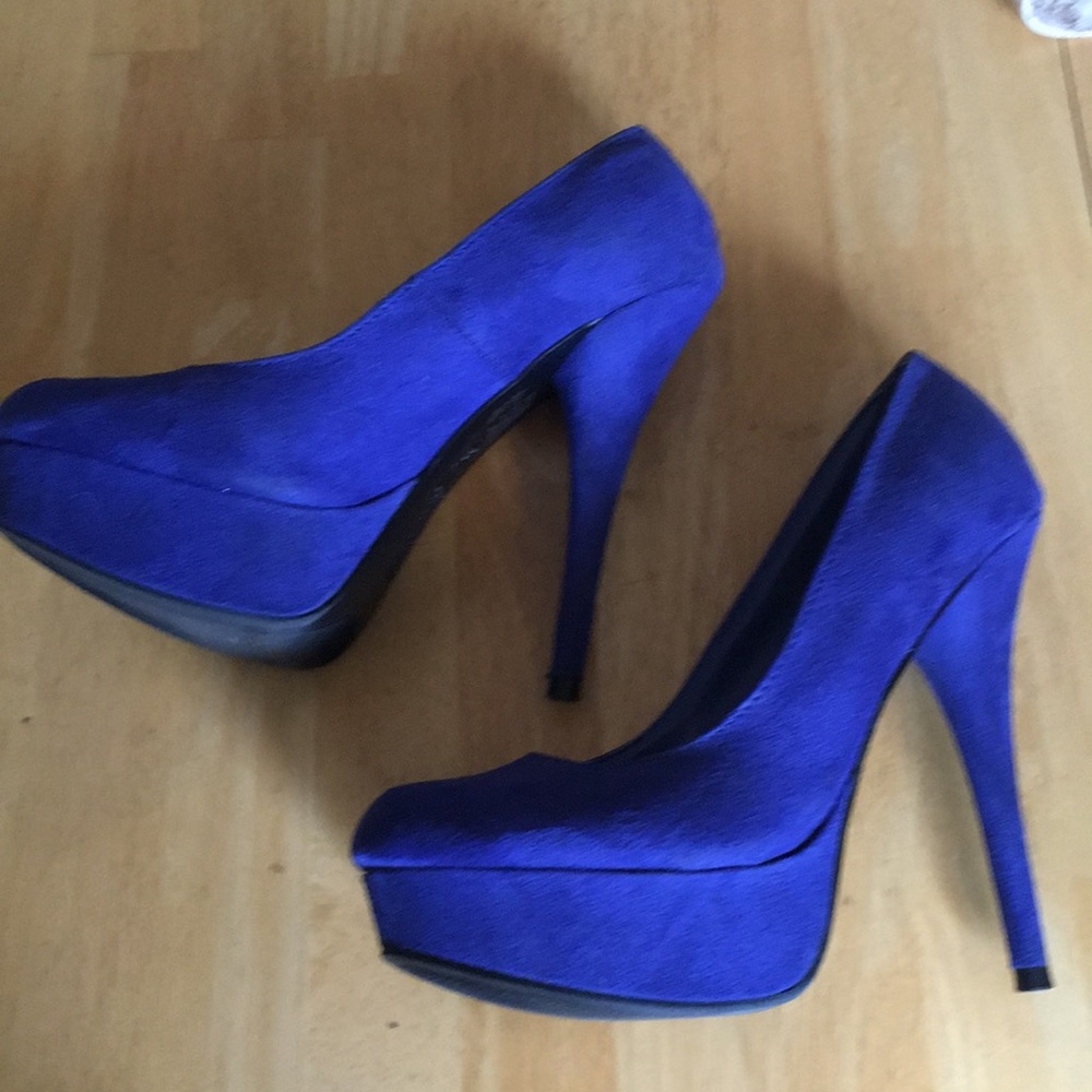 Blue suede platform heels